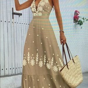 Elegant Tan Floral Maxi Dress